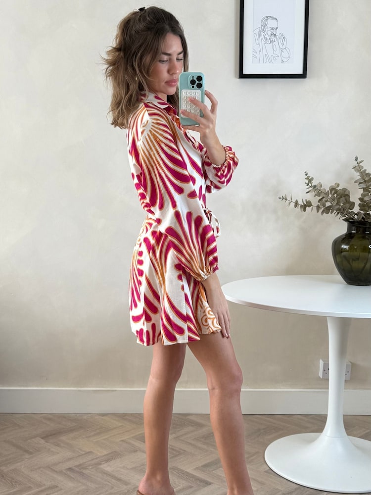 Style Cheat Red Printed Belted Myla Short 100% Cotton Shirt Dress - Image 4 of 4