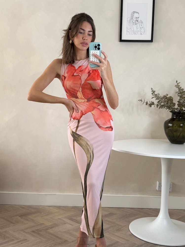 Style Cheat Pink Mesh Placement Floral Print Sleeveless Maxi Dress - Image 1 of 3