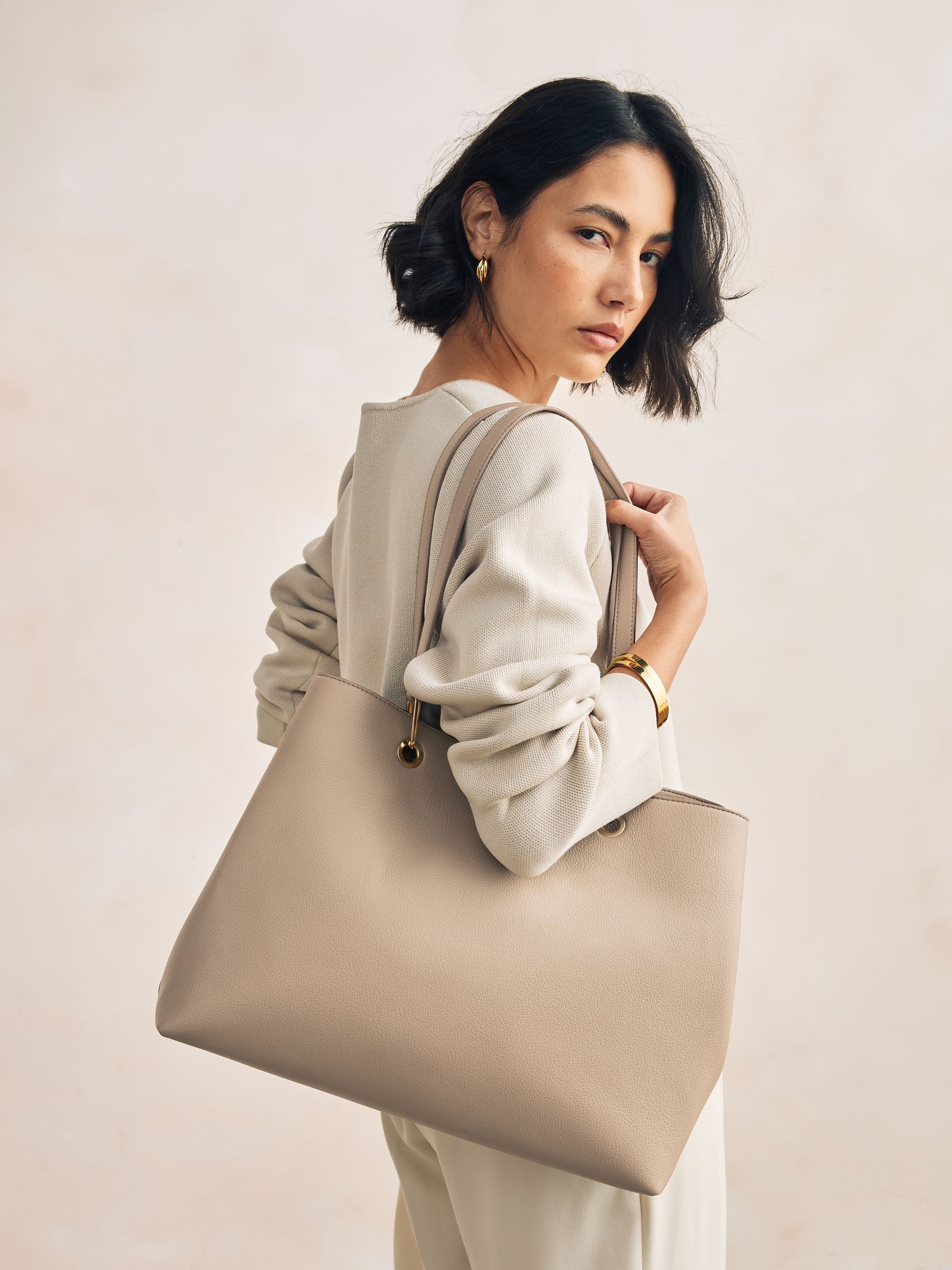 Taupe Structured Shoulder Bag with Detachable Purse