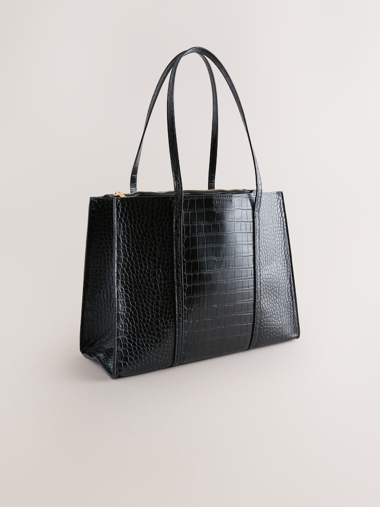 Black Croc Effect Structured Tote Bag - Image 1 of 5 Black Croc Effect Structured Tote Bag - Image 1 of 5