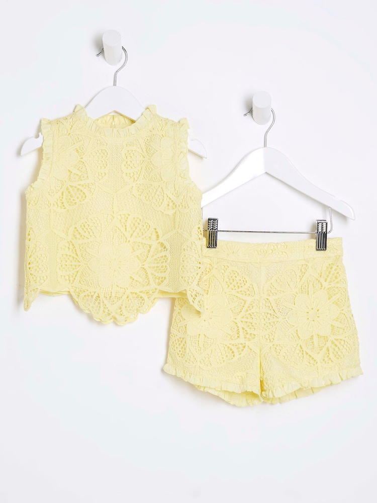 River Island Buttermilk Yellow Girls Lace Shorts Set - Image 1 of 5
