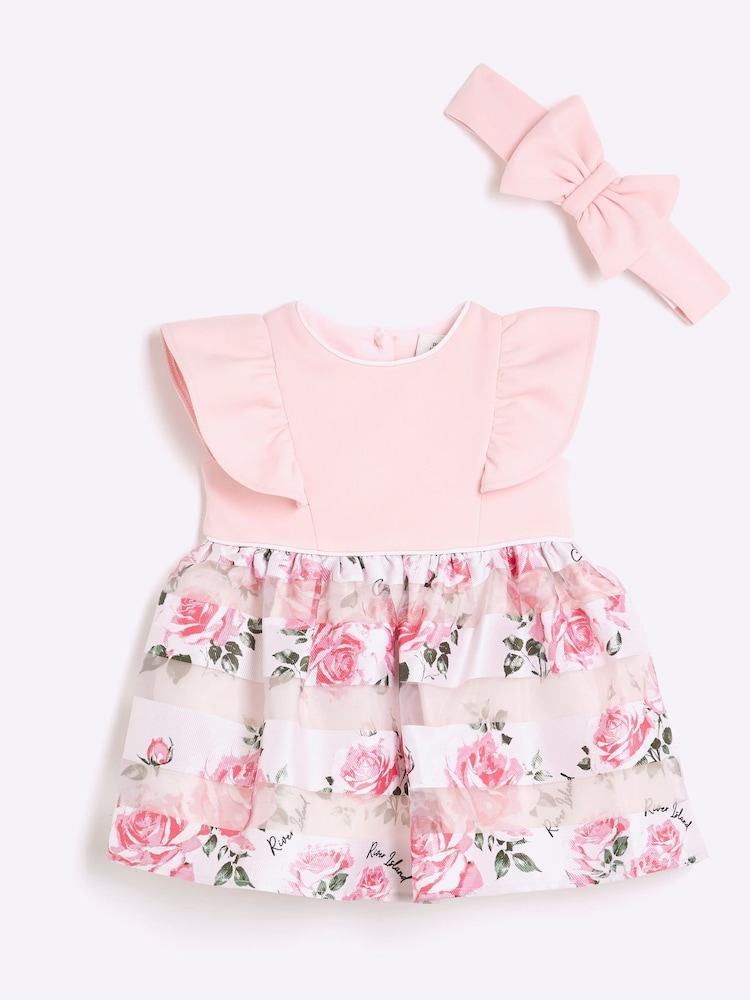 River Island Pink Baby Girls Occasion Rose 100% Cotton Dress - Image 1 of 4