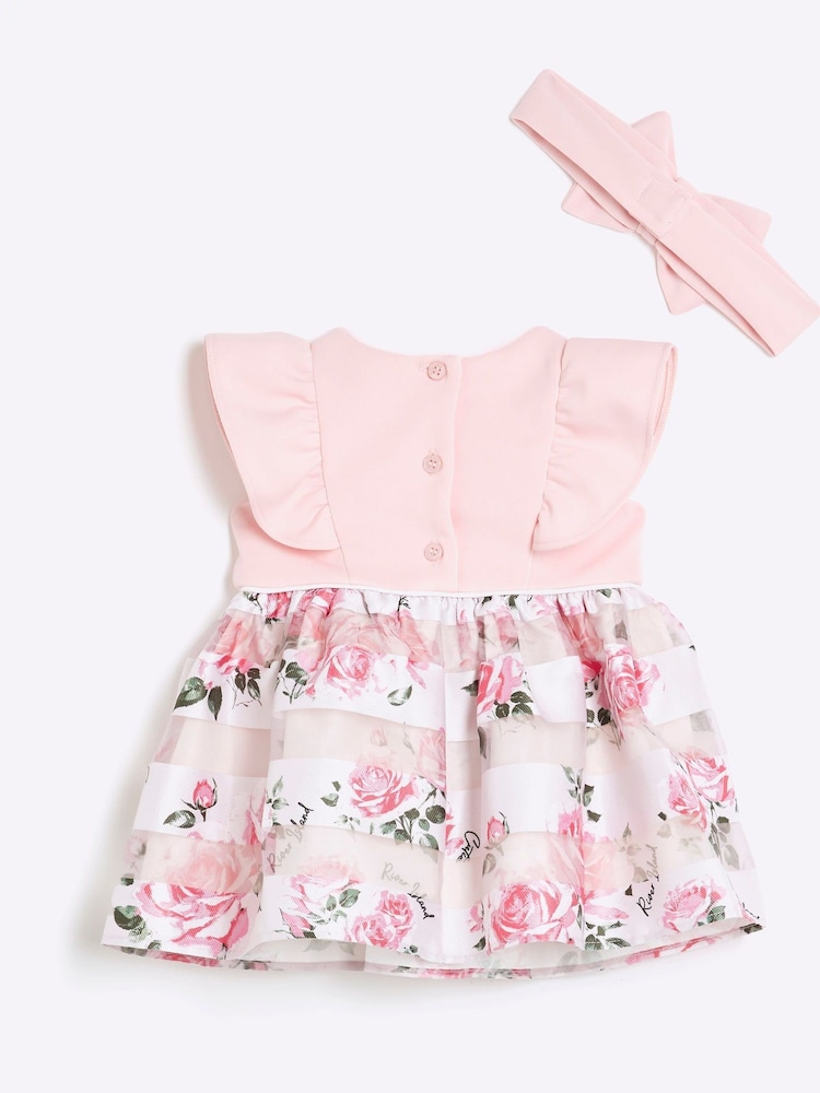 River Island Pink Baby Girls Occasion Rose 100% Cotton Dress - Image 2 of 4