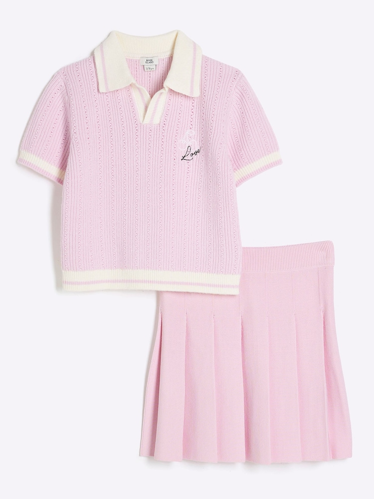 River Island Pink Girls Collar Polo and Skirt Set - Image 1 of 5