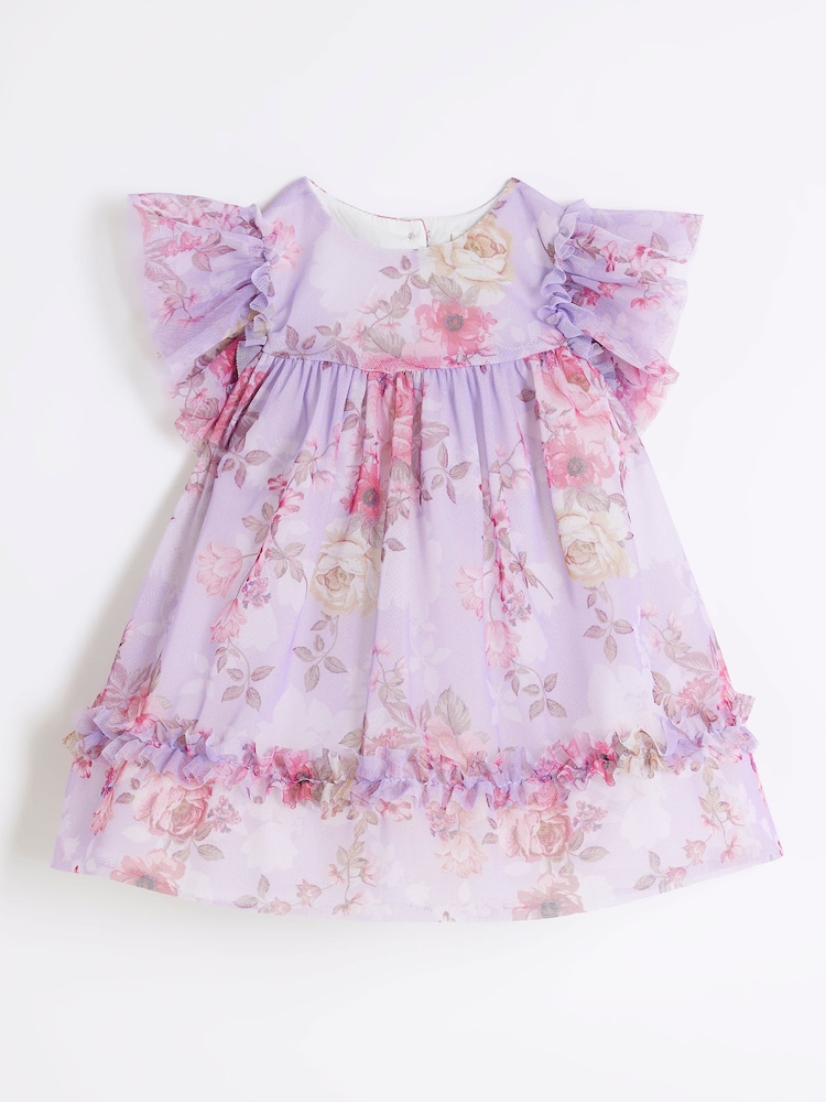 River Island Purple Baby Girls Rose Printed Mesh 100% Cotton Dress - Image 1 of 4
