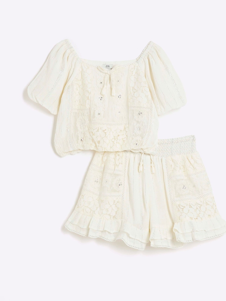 River Island Cream Girls Lace Short Set - Image 1 of 6