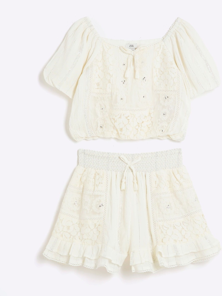 River Island Cream Girls Lace Short Set - Image 3 of 6