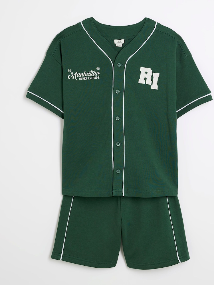 River Island Green Boys Baseball Shirt Shorts Set - Image 1 of 5