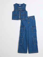 River Island Blue Girls Denim 100% Cotton Gilet and Cargo Set - Image 1 of 5