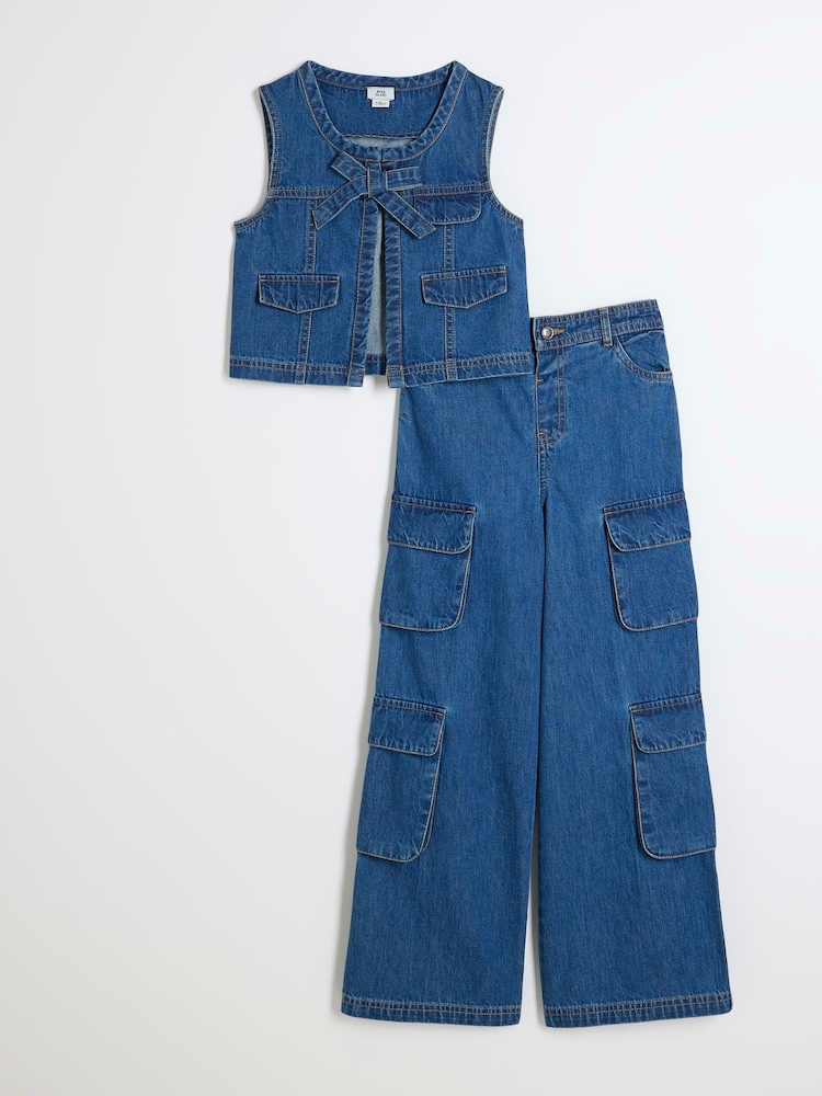 River Island Blue Girls Denim 100% Cotton Gilet and Cargo Set - Image 1 of 5