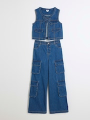 River Island Blue Girls Denim 100% Cotton Gilet and Cargo Set - Image 2 of 5
