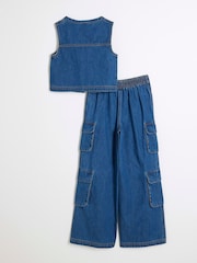 River Island Blue Girls Denim 100% Cotton Gilet and Cargo Set - Image 3 of 5