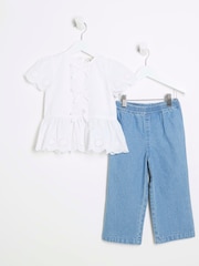 River Island White Girls 100% Cotton Broidery Top  And Jogger Set - Image 1 of 6