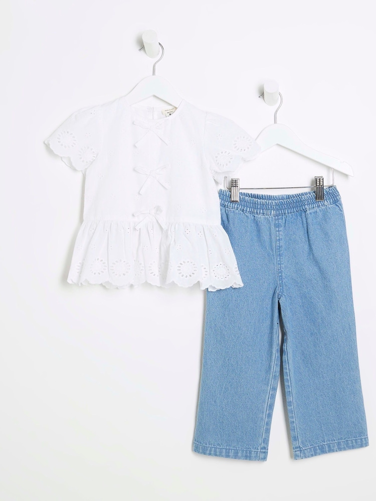 River Island White Girls 100% Cotton Broidery Top  And Jogger Set - Image 1 of 6