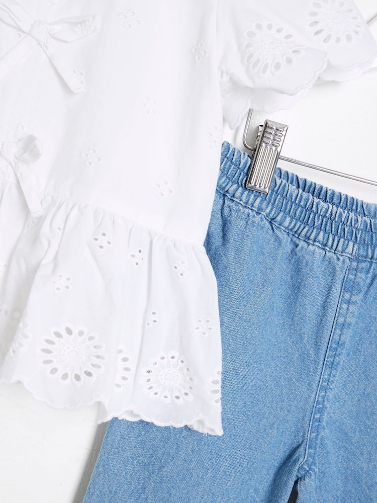 River Island White Girls 100% Cotton Broidery Top  And Jogger Set - Image 6 of 6