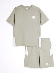 River Island Green Boys Block Piped 100% Cotton Tee Shorts Set - Image 1 of 5