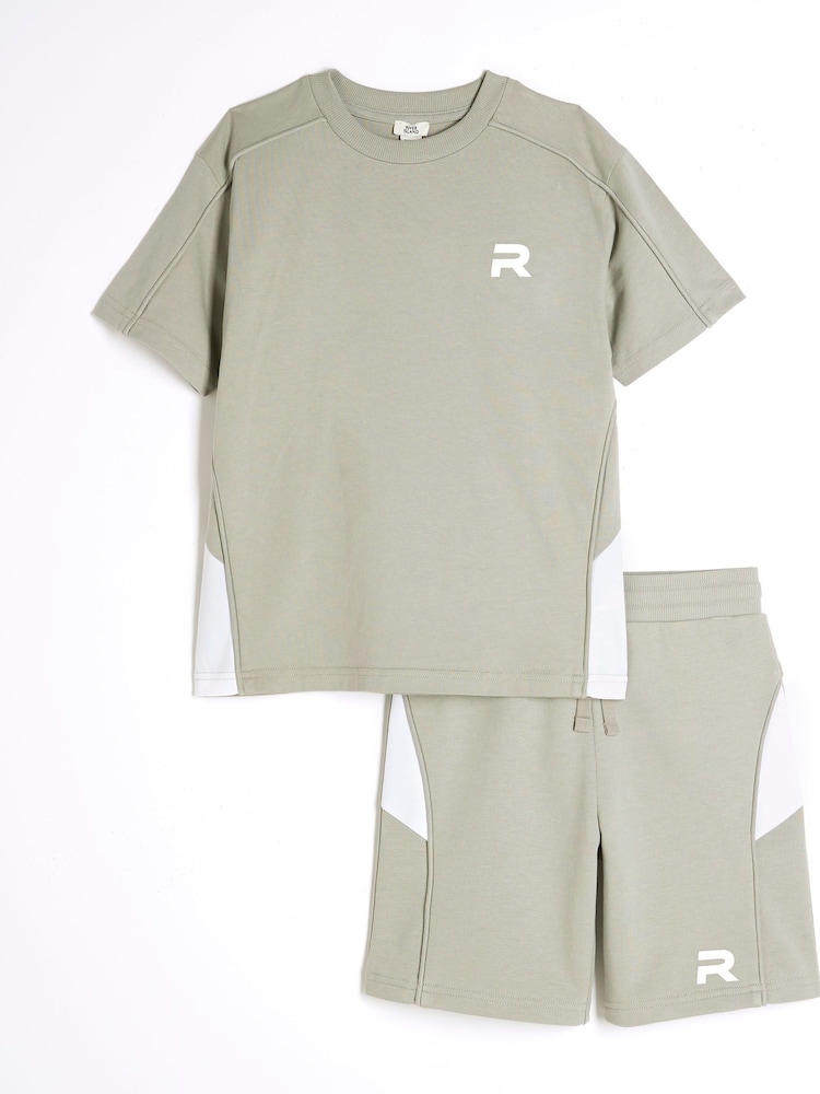 River Island Green Boys Block Piped 100% Cotton Tee Shorts Set - Image 1 of 5