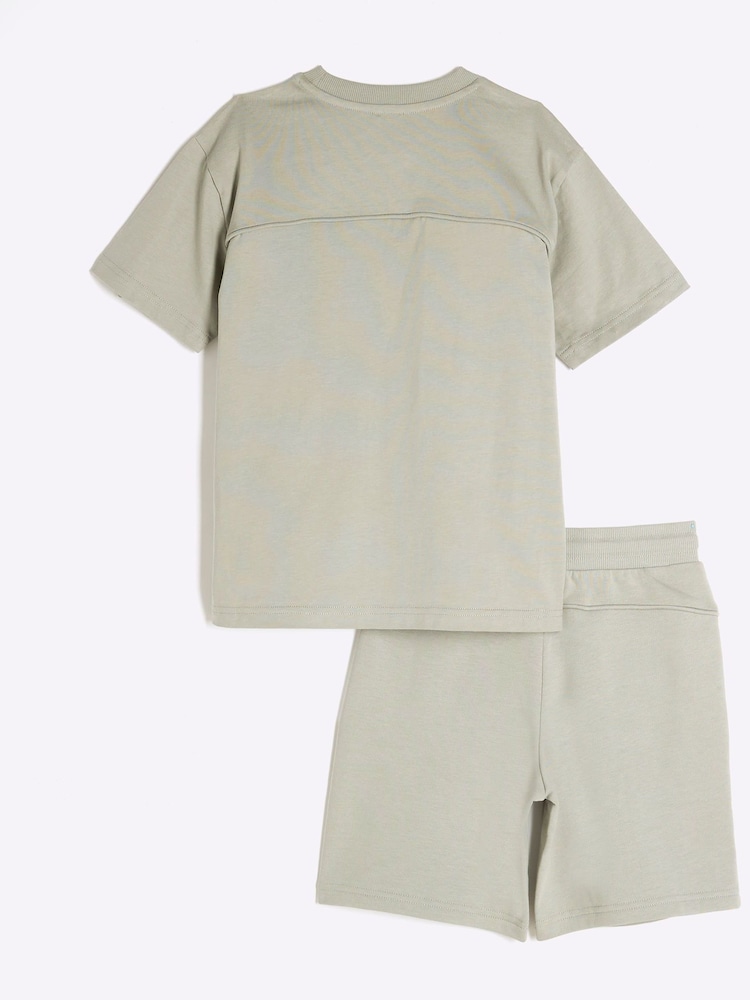 River Island Green Boys Block Piped 100% Cotton Tee Shorts Set - Image 2 of 5