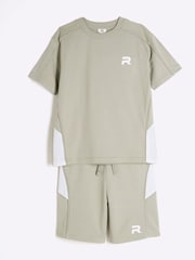River Island Green Boys Block Piped 100% Cotton Tee Shorts Set - Image 3 of 5