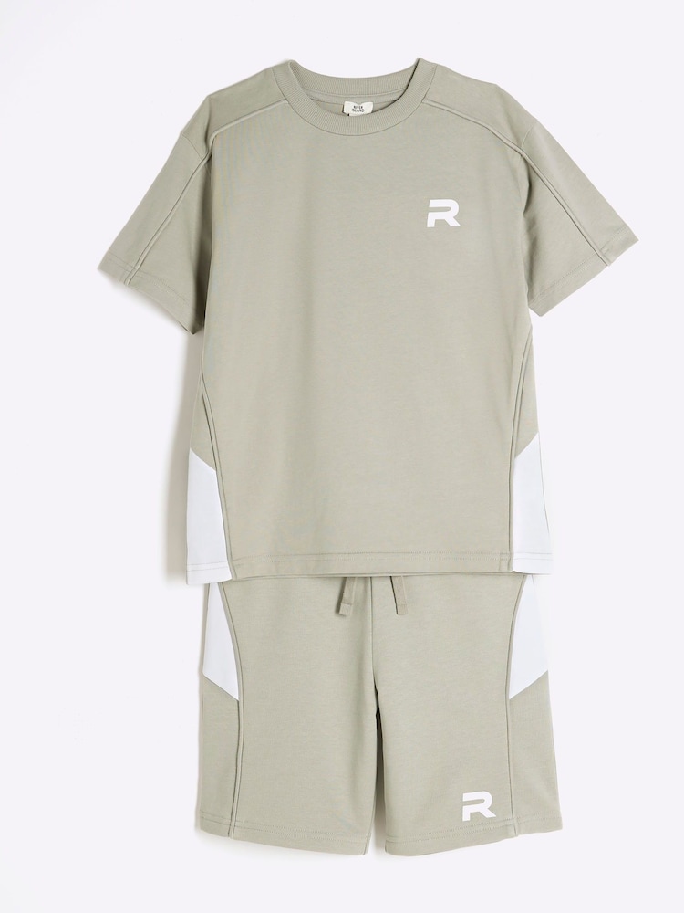 River Island Green Boys Block Piped 100% Cotton Tee Shorts Set - Image 3 of 5