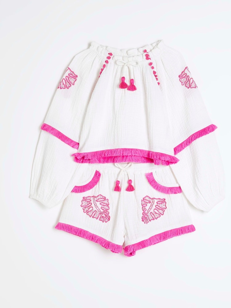 River Island White Girls Embroidered Shorts Set - Image 1 of 4