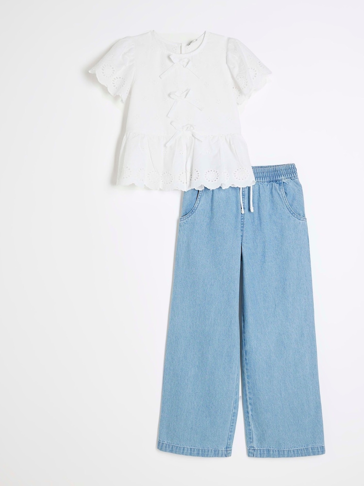 River Island White Girls 100% Cotton Broderie Blouse Trousers Set - Image 1 of 5