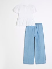 River Island White Girls 100% Cotton Broderie Blouse Trousers Set - Image 2 of 5