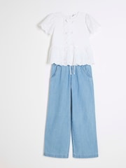 River Island White Girls 100% Cotton Broderie Blouse Trousers Set - Image 3 of 5