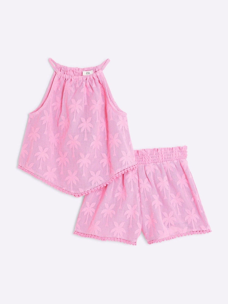 River Island Pink Girls Palm Hanky Hem Shorts Set - Image 1 of 5