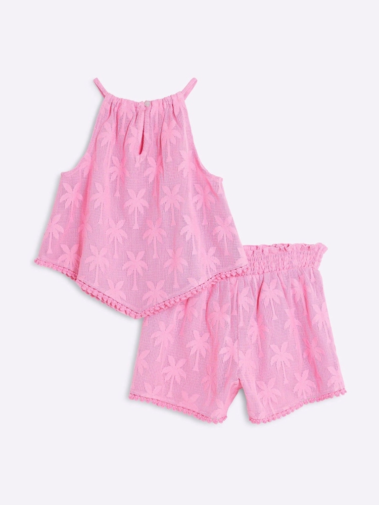 River Island Pink Girls Palm Hanky Hem Shorts Set - Image 2 of 5