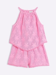 River Island Pink Girls Palm Hanky Hem Shorts Set - Image 3 of 5