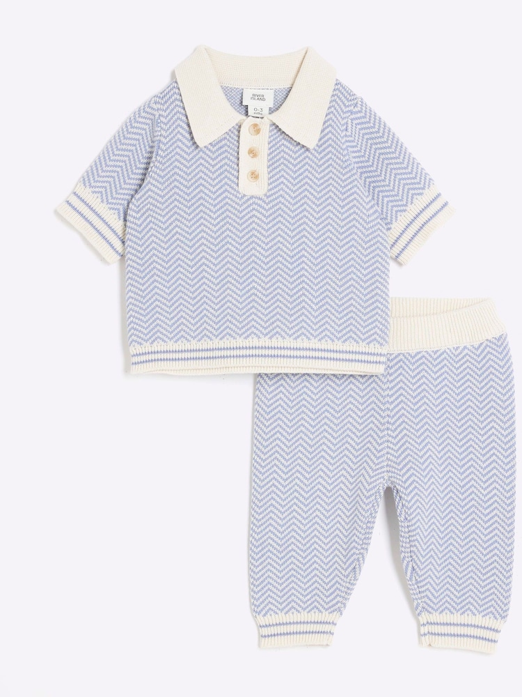 River Island Baby Boys Blue Knitted 100% Cotton Polo Set - Изображение 1 из 5