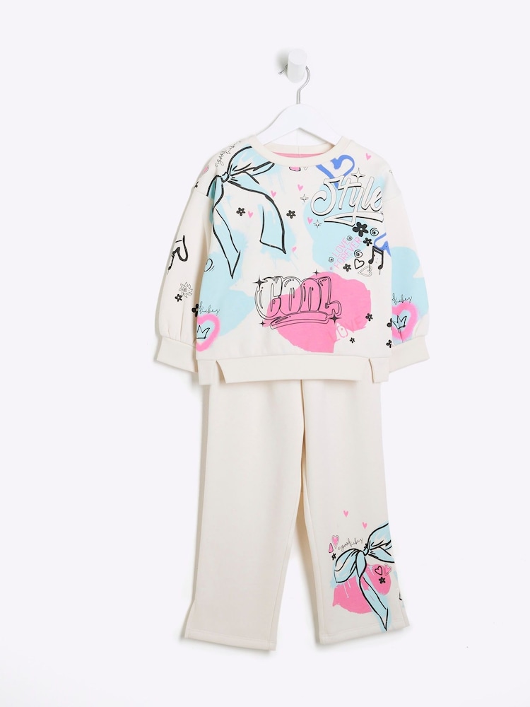 River Island Blue Girls Graffiti Bow Sweat Set - Image 4 of 4
