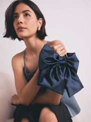 Navy Satin Bow Hand Held Bag - Image 1 of 10