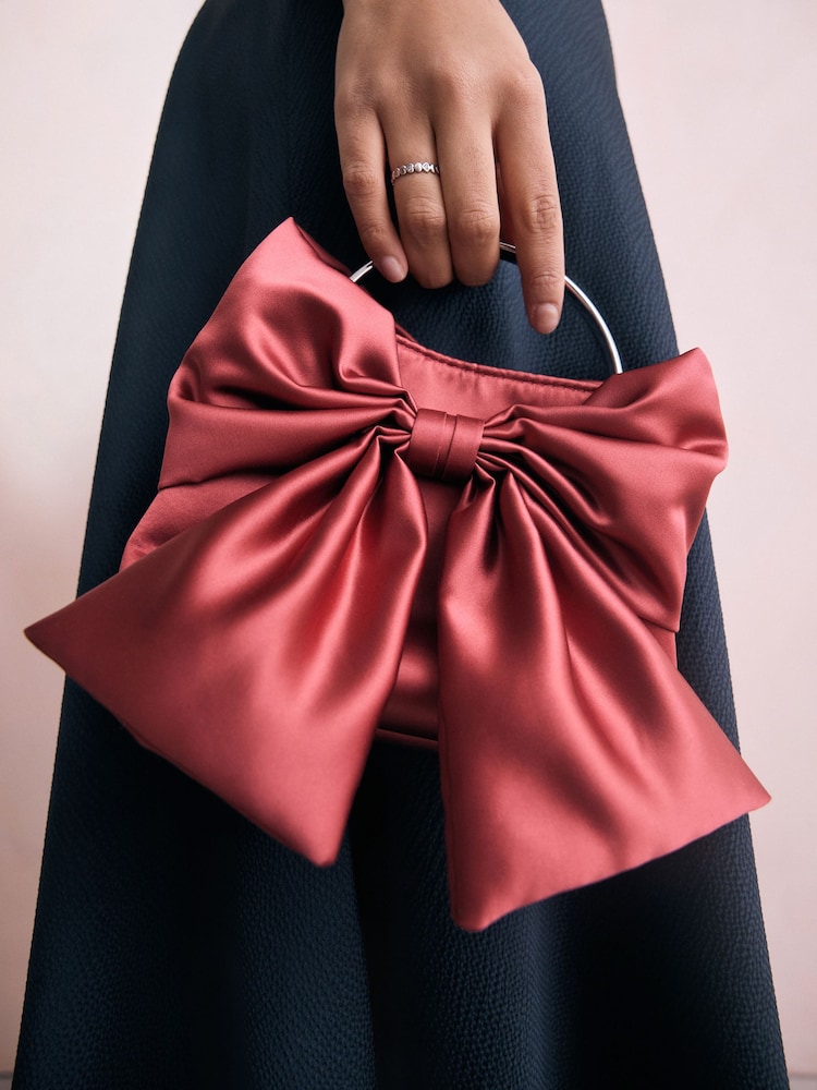 Coral Pink Satin Bow Hand Held Bag - Image 1 of 8