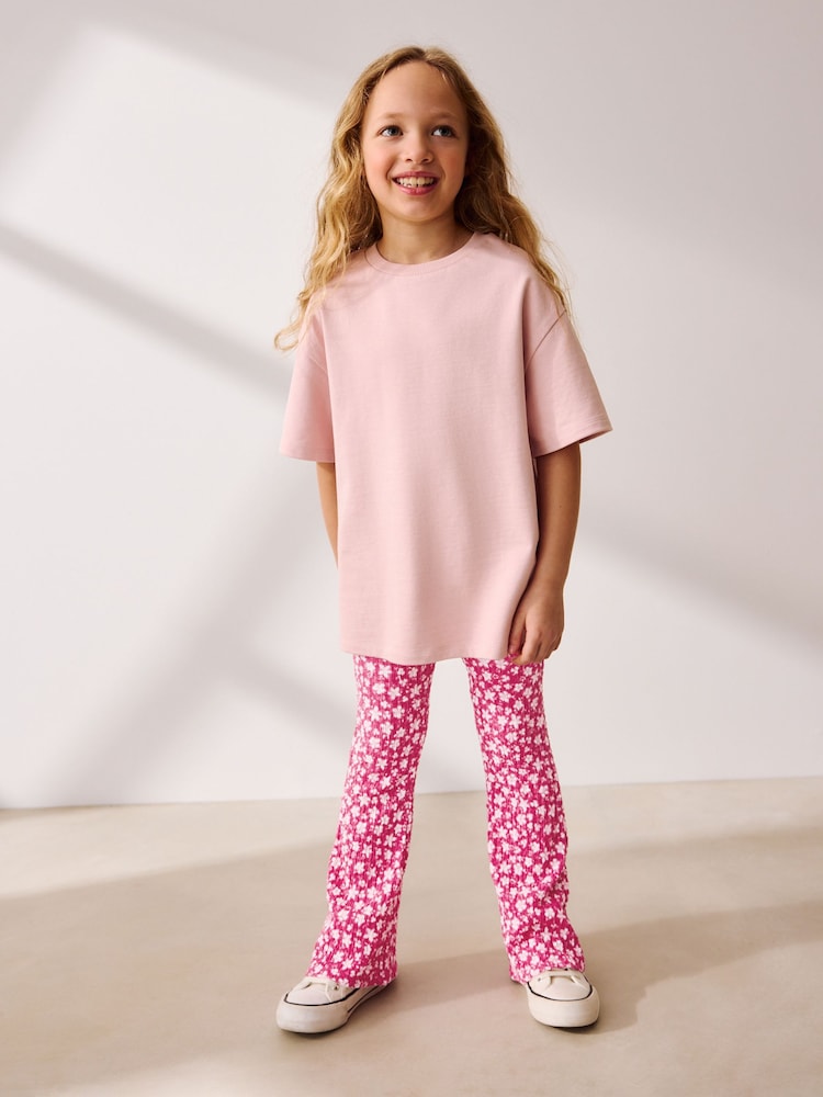 Pink/Red Floral Textured Flared Leggings (3-16yrs) - Image 2 of 9