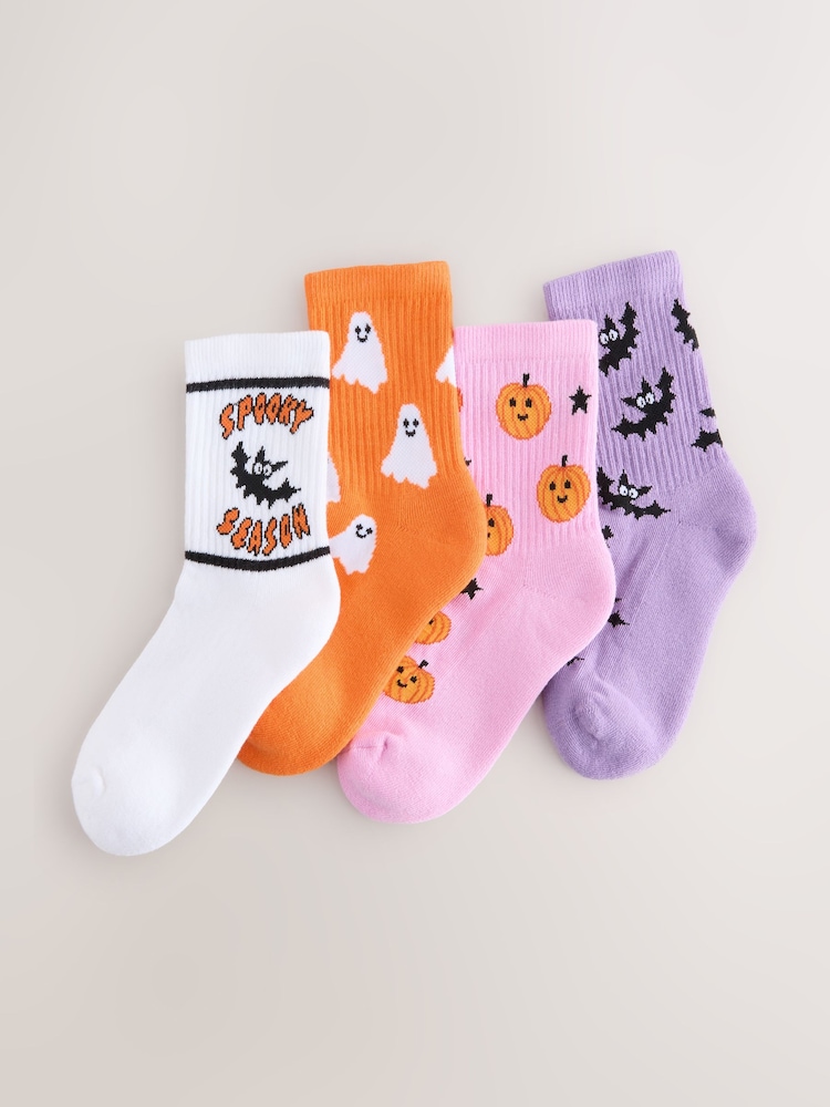 Pink/Purple/White and Orange Cotton Rich Cushioned Sole Halloween Ankle Socks 4 Pack - Image 1 of 3