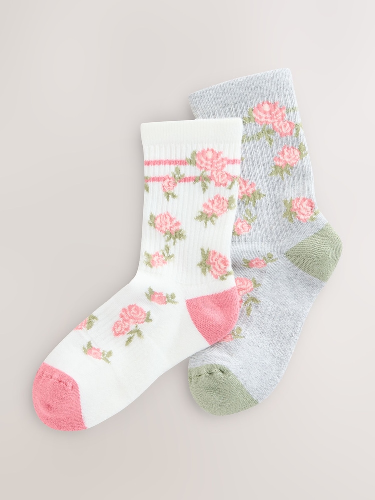Cream Cotton Rich Cushioned Sole Floral Print Ankle Socks 2 Pack - Image 1 of 3