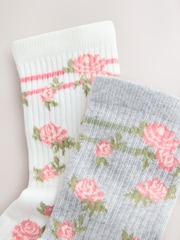 Cream Cotton Rich Cushioned Sole Floral Print Ankle Socks 2 Pack - Image 2 of 3