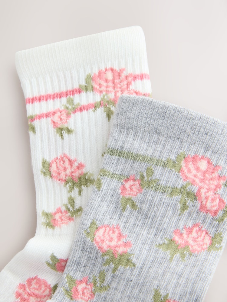 Cream Cotton Rich Cushioned Sole Floral Print Ankle Socks 2 Pack - Image 2 of 3