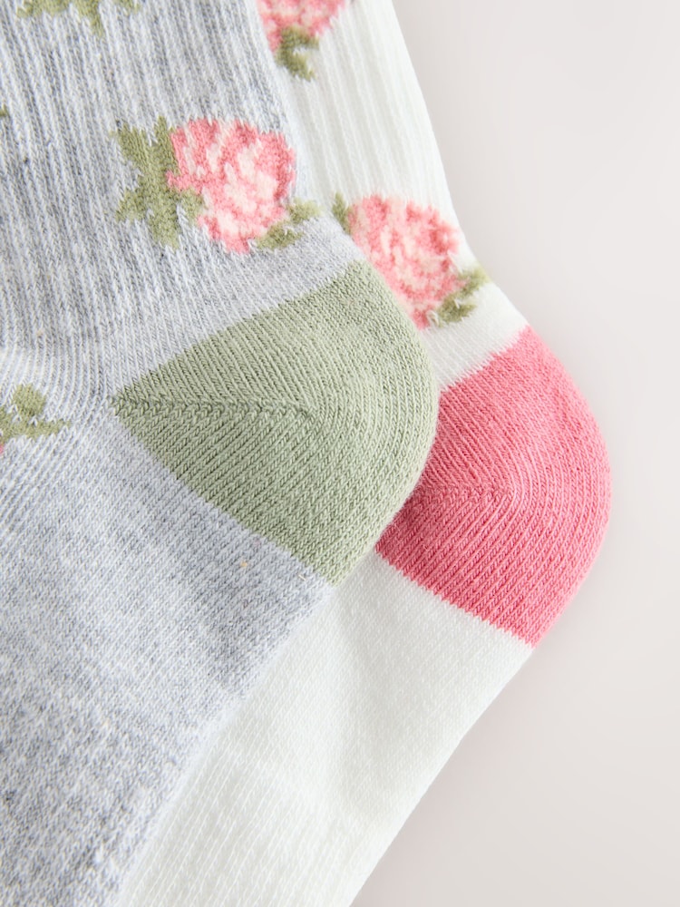 Cream Cotton Rich Cushioned Sole Floral Print Ankle Socks 2 Pack - Image 3 of 3