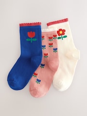 Blue and Ecru Cotton Rich Flower Print Ankle Socks 3 Pack - Image 1 of 3
