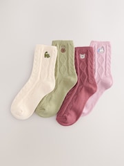 Pink, Green, Oatmeal and Plum Red Cotton Rich Cable Embroidered Ankle Socks 4 Pack - Image 1 of 3