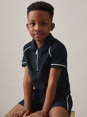 Reiss Navy Lolland Cotton Textured Half-Zip Polo Shirt - Image 1 of 4