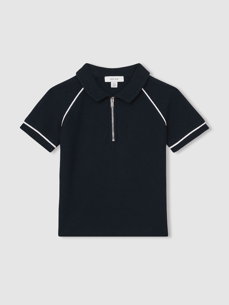 Reiss Navy Lolland Cotton Textured Half-Zip Polo Shirt - Image 2 of 4