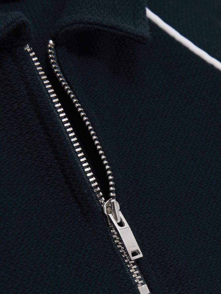Reiss Navy Lolland Cotton Textured Half-Zip Polo Shirt - Image 4 of 4