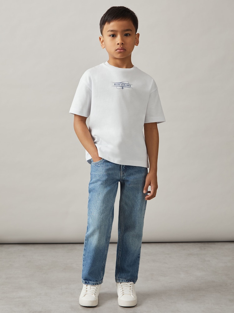 Reiss White/Blue Ivan 3-9 yrs Cotton Airlines-Print Oversize T-Shirt - Image 1 of 4