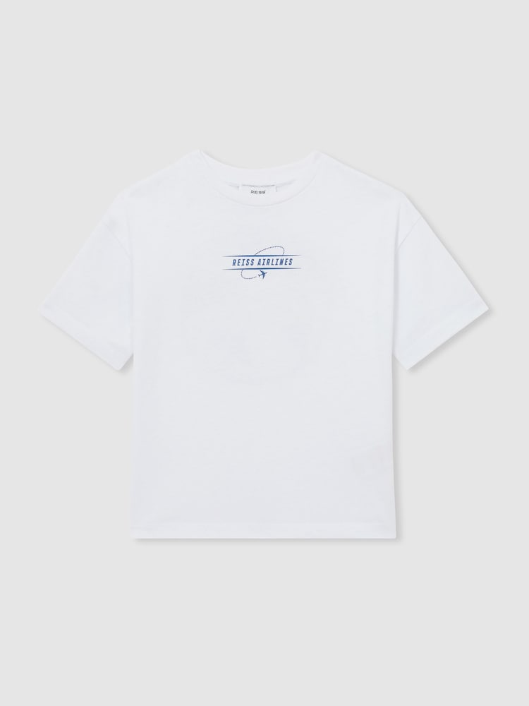 Reiss White/Blue Ivan 3-9 yrs Cotton Airlines-Print Oversize T-Shirt - Image 2 of 4