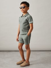 Reiss Sage Green Pinta 3-9 yrs Cotton Textured Piped Shorts - Image 1 of 4