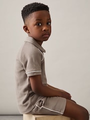 Reiss Mink Brown Pinta 9-13 yrs Cotton Textured Piped Shorts - Image 3 of 4